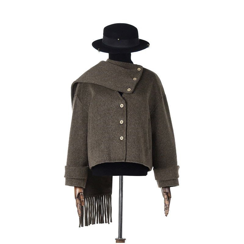 Outlets专柜撤柜正品 HZ冬装2025新款围巾设计双面尼含羊毛大衣女,女装/女士精品,毛呢外套,淘宝优惠券,粉丝福利购,淘宝优惠卷