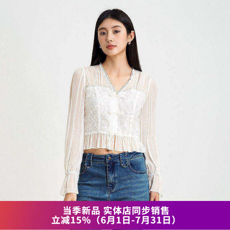 淑女蕾丝拼接长袖V领雪纺衫