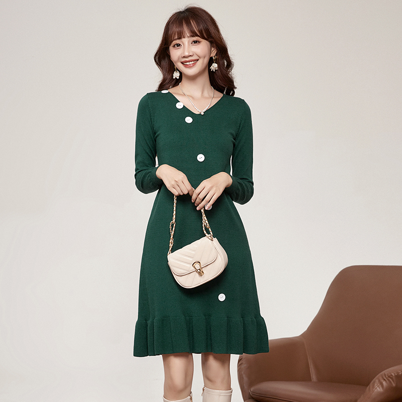 气质中裙微弹长袖连衣裙