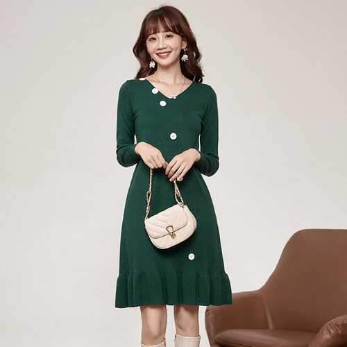 气质中裙微弹长袖连衣裙