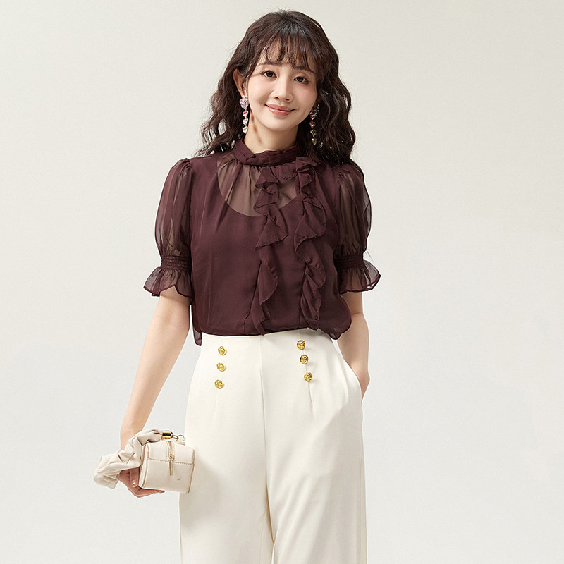 2025年夏Outlets专柜正品 高端FQ系列拼接木耳边宽松五分袖衬衫女