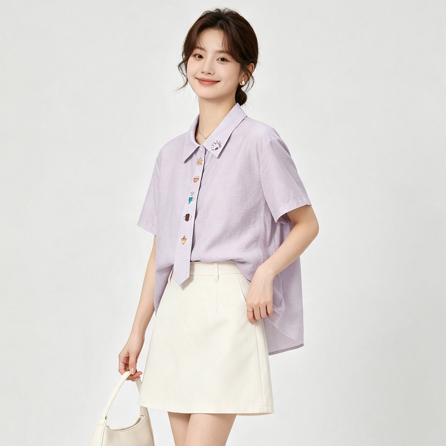 奥莱专柜品牌折扣 HS夏装新款 智性甜美风刺绣单排扣宽松上衣衬衫