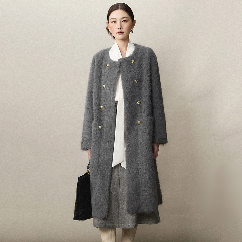 毛绒感气质加长款双排扣外套