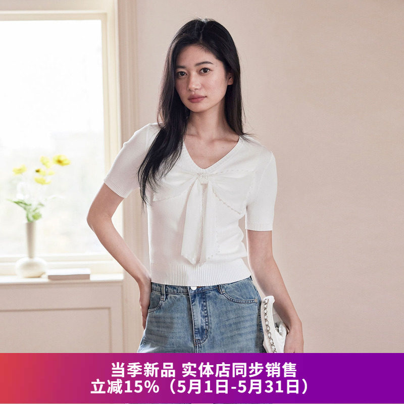 SOMSOM索玛2026夏装新款 甜美优雅纯色V领蝴蝶结修身短袖针织衫女