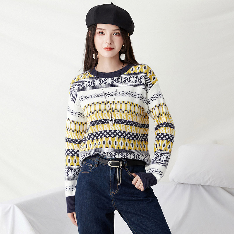 2025年冬Outlets正品 高端MS系列撞色拼接长袖上衣微弹套头毛衣女,女装/女士精品,毛衣,淘宝优惠券,粉丝福利购,淘宝优惠卷