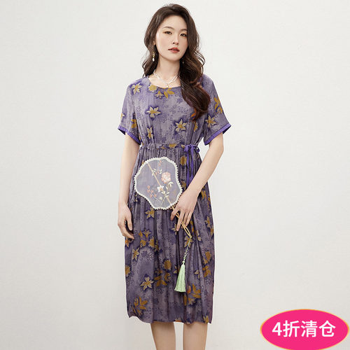 复古印花妈妈装连衣裙