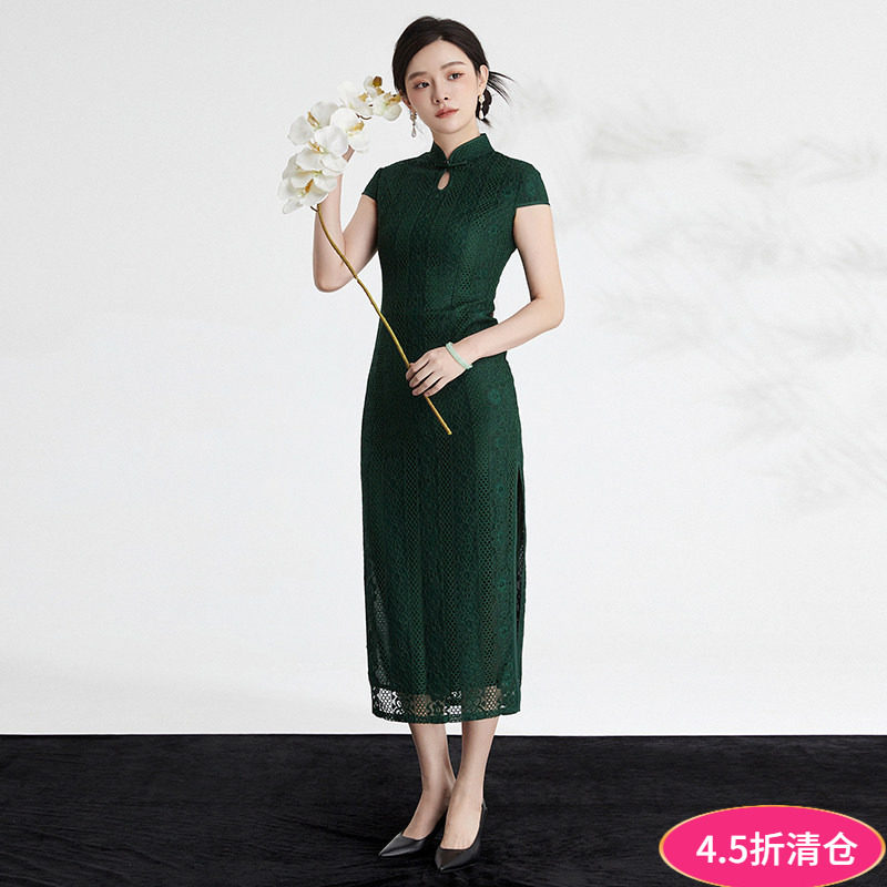 Outlets品牌折扣 QP夏装新款新撤柜正品中式盘扣长裙修身显瘦旗袍