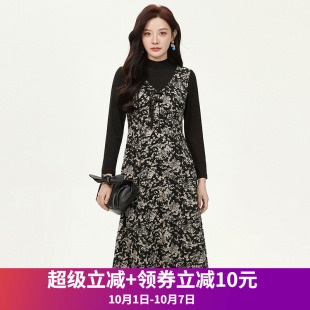 撞色印花中长裙微弹连衣裙 2025新款 奥莱专柜品牌撤柜正品 ZK秋装