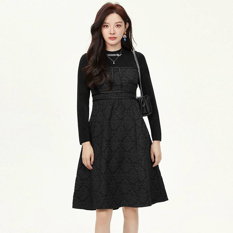 通勤中裙拼色长袖连衣裙