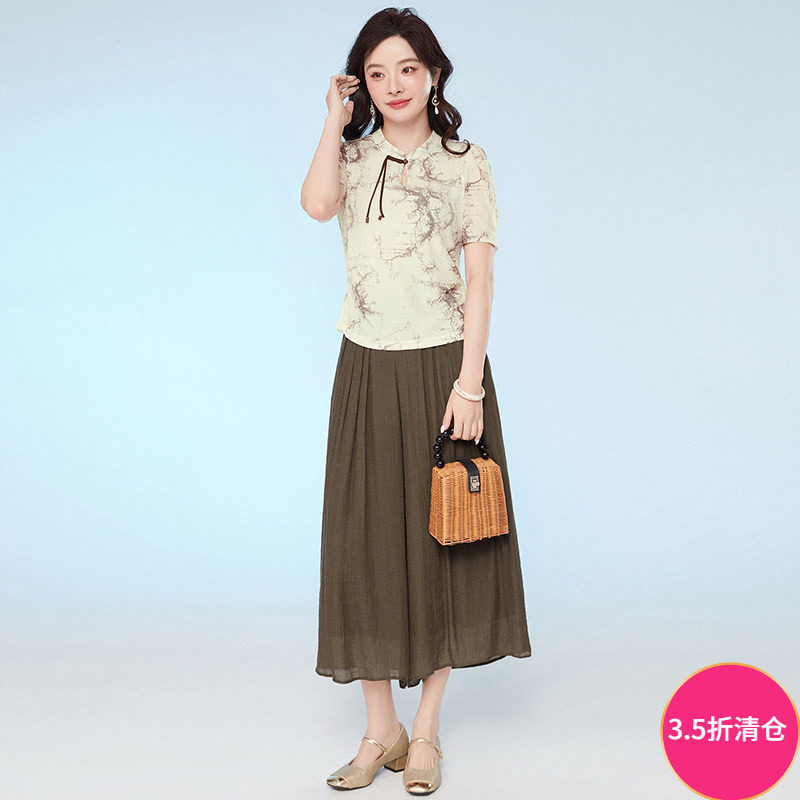 奥特莱斯品牌折扣 LH夏装新款复古国风修身上衣+九分裤两件套装女