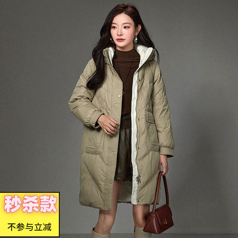 奥莱专柜品牌撤柜正品 HZ冬装新款 过膝保暖宽松外套鸭绒羽绒服女