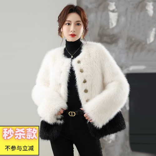 黄金绒拼色大衣毛呢外套