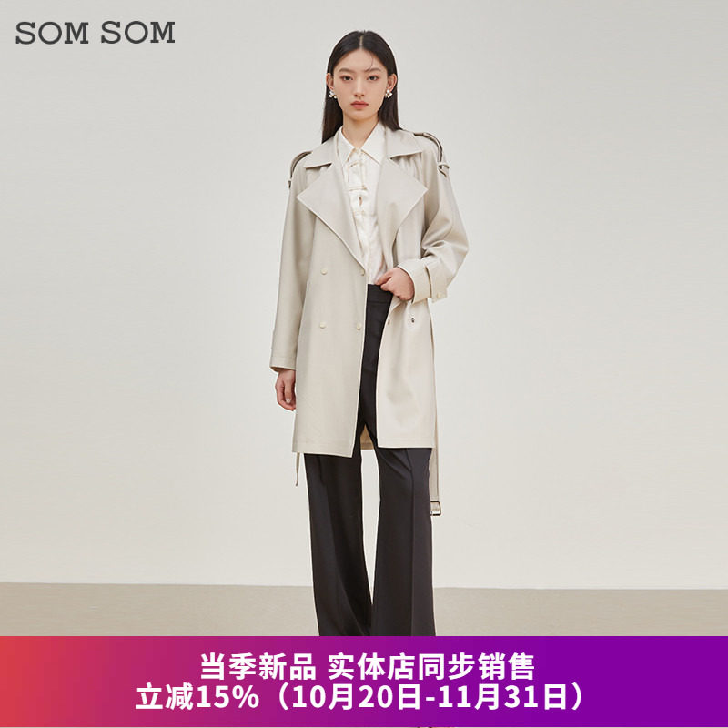 收腰西装双排扣风衣外套