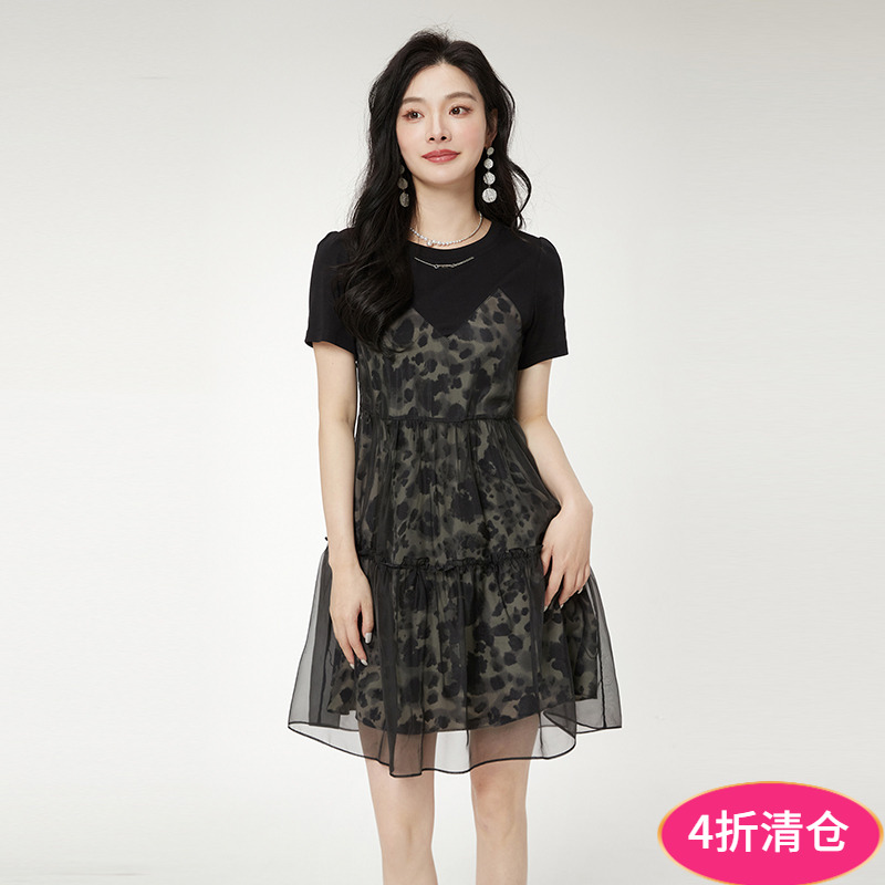 Outlets专柜撤柜正品 ZW夏装2025新款拼接设计中裙套头短袖连衣裙