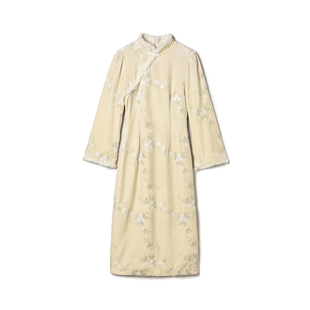 奥莱专柜品牌撤柜正品 ZD冬装新款 毛绒拼接温婉中长裙新中式旗袍