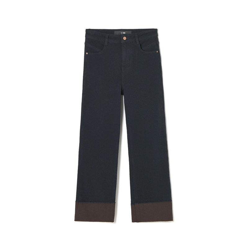 翻边长裤直筒微弹牛仔裤