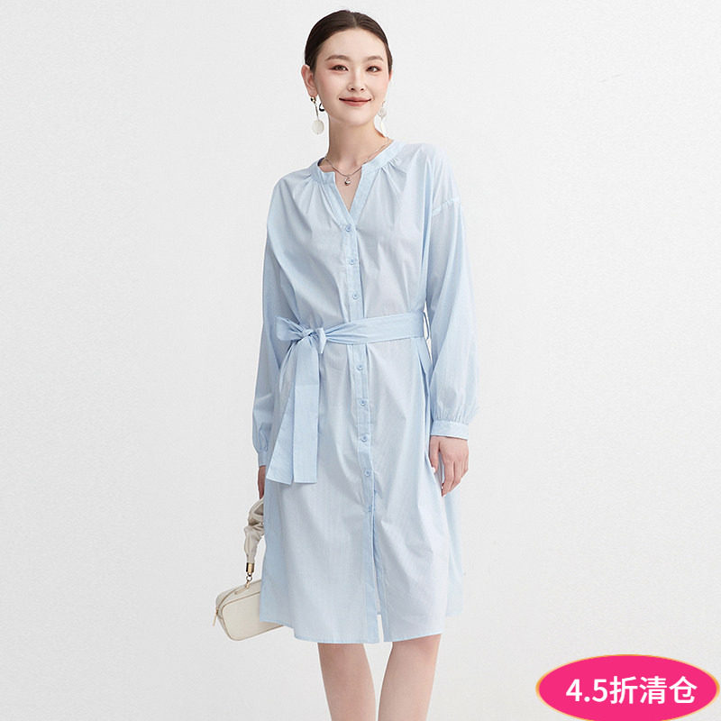 Outlets专柜撤柜正品 南油N系列秋装新款温柔素雅条纹中裙连衣裙