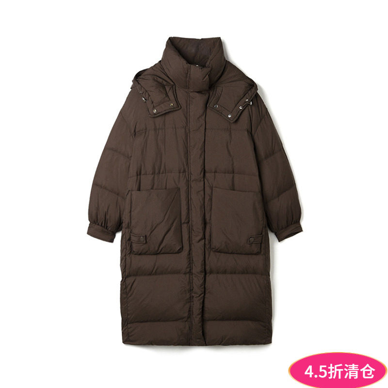 2025年冬Outlets正品 高端YR系列轻柔保暖加长款鸭绒连帽羽绒服女