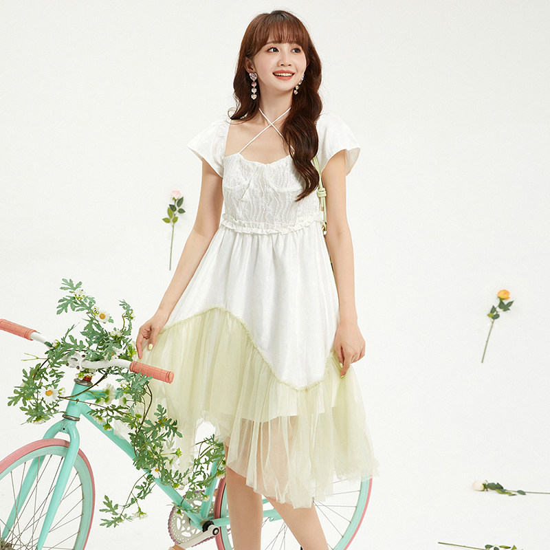 Outlets专柜撤柜正品 RI夏装新款洋气露肩中裙拼接下摆裙子连衣裙