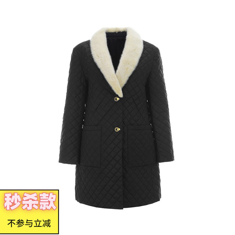 2025年冬Outlets正品 高端OY系列毛绒拼接长款外套单排扣鹅绒服女