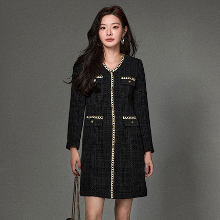 奥莱专柜品牌撤柜正品 ZK冬装2025新款 气质小香风短裙长袖连衣裙