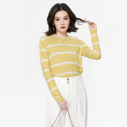 长袖上衣微弹条纹针织衫