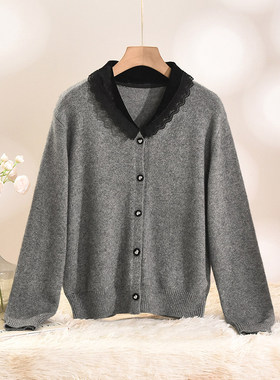 Outlets专柜撤柜正品 HZ冬装2025新款蕾丝拼接气质开衫羊毛毛衣女