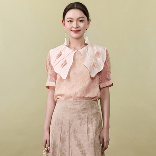 Outlets撤柜正品 YV夏装新款甜美风五分袖上衣一粒扣娃娃领衬衫女