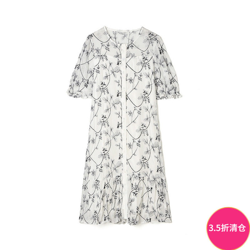 奥特莱斯品牌折扣 QY夏装新款撤柜正品 绣花图案中裙单排扣连衣裙