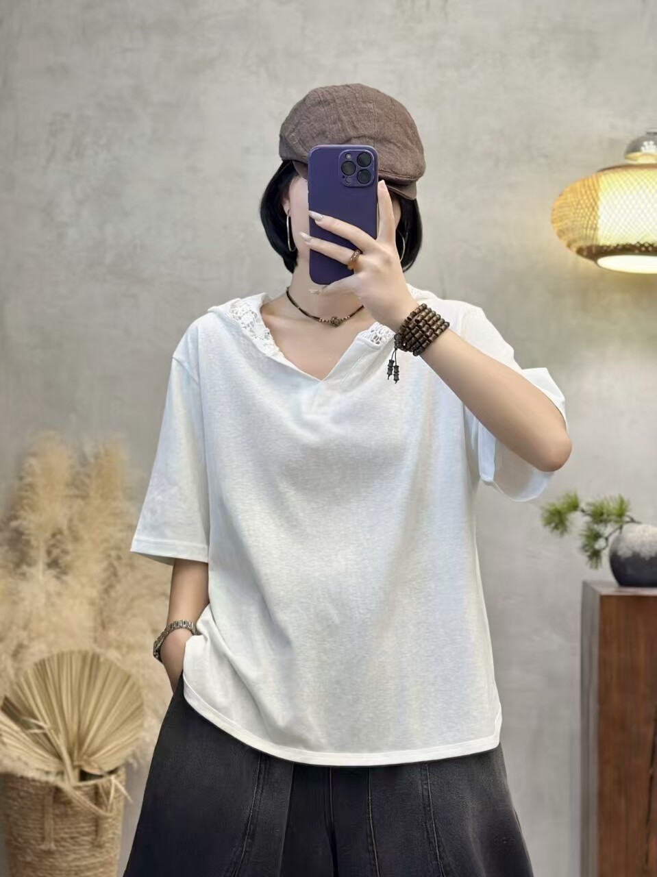时尚蕾丝连帽T恤夏季新款百搭简约休闲上衣新款欧货纯棉女帽衫