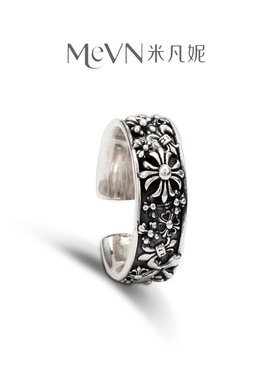 纯银复古做旧花卉戒指男女开口戒