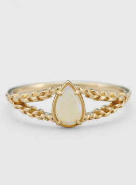 日系轻奢925纯银 天然非洲欧泊戒指 梨形水滴澳宝橄榄树叶戒指