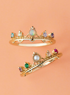 日系轻珠宝925纯银戒指 蛋白石珍珠 皇冠波纹尾戒简约可爱风