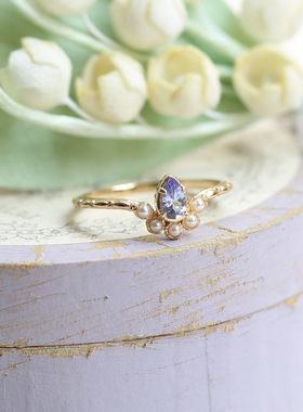 日系轻奢小众S925银镀14K金 简约水滴坦桑石珍珠戒指 厂家直销