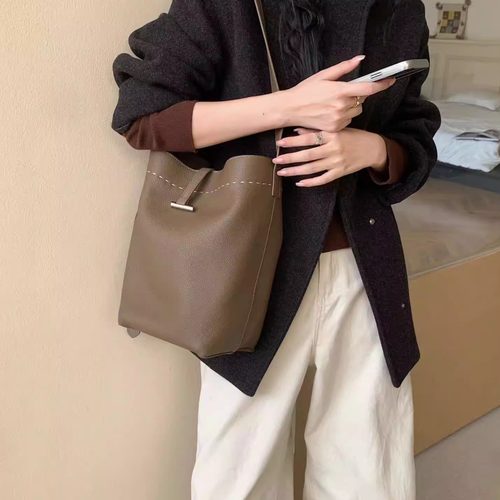 头层togo牛皮手工缝线高级大容量托特真皮水桶包单肩腋下斜挎女包