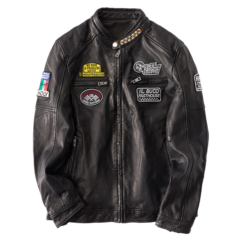 情侣款复古摩托车骑行服水洗绵羊皮真皮皮衣女士哈雷机车皮夹克男