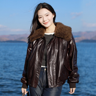 复古老钱风 油蜡真皮皮衣女士毛领皮羽绒服秋冬派克服皮夹克大衣