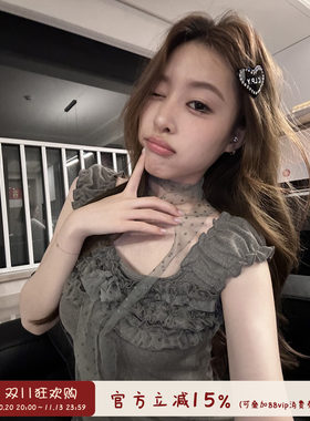 木耳花边波点系带方领无袖T恤女
