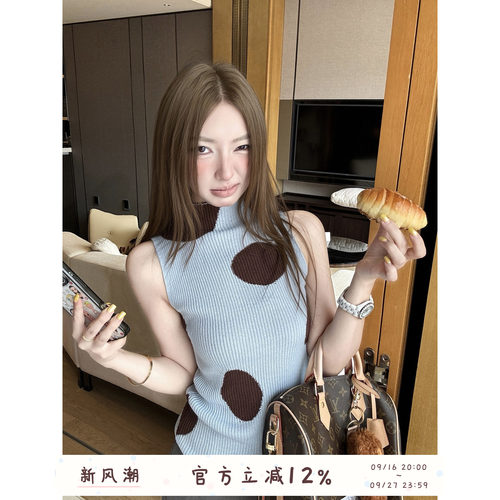 夏日多巴胺韩系螺纹波点针织背心