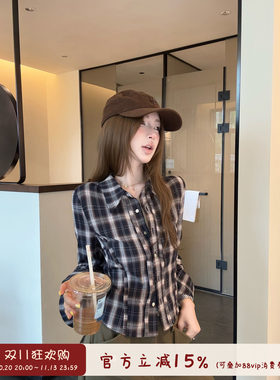 单排扣少女学院风格纹长袖衬衣女