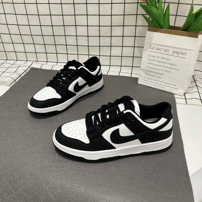 Black and White Gogou Panda Shoes Women's Shoelace Genuine Leather Flats Lightweight Breathable Casual Sports Shoes Women Spring & Fall Slim Looking