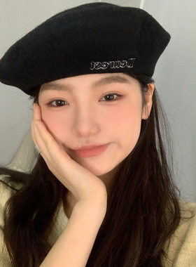 韩代 ins博主同款Dearest刺绣黑色羊毛百搭日常画家日系贝雷帽女