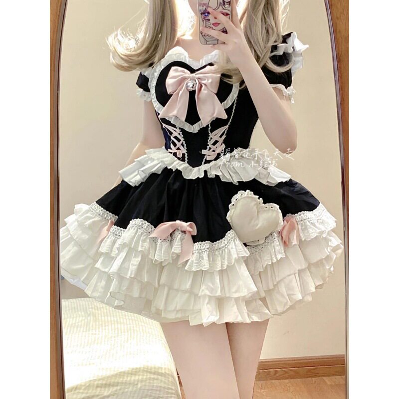 微lo裙夏季创意蓬蓬裙设计感蝴蝶结收腰修身系带洛丽塔公主裙短裙