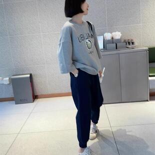 韩国东大门女装秋季休闲风棒球狗狗字母做旧印花毛圈棉七分袖卫衣