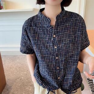韩国东大门女装夏季通勤休闲风宽松显瘦V领纹理感格子短袖衬衫