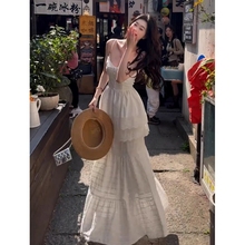 法式白色吊带连衣裙子女夏季2025新款高级感海边度假穿搭套装长裙