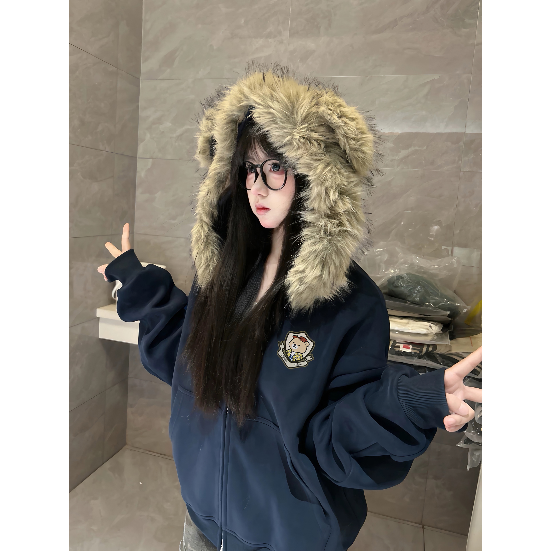 美式小熊耳朵毛领连帽卫衣外套女