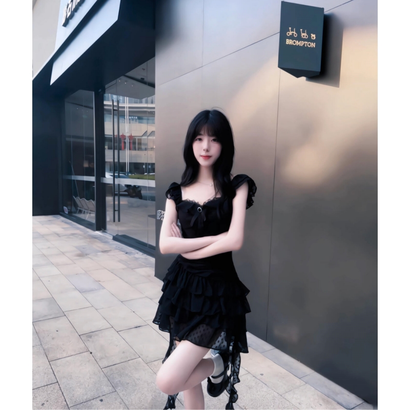 法式纯欲黑色小飞袖吊带连衣裙女