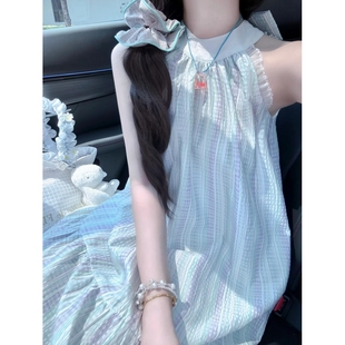 挂脖吊带连衣裙女夏季 海边度假无袖 高级感气质小个子初恋仙女长裙