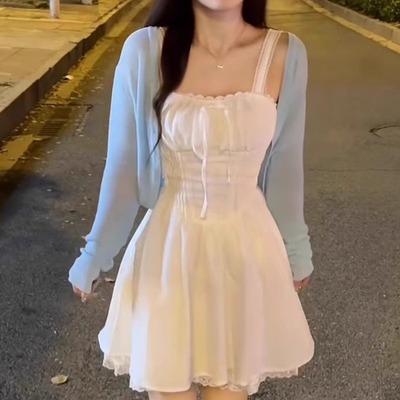 白色连衣裙针织开衫外套两件套装